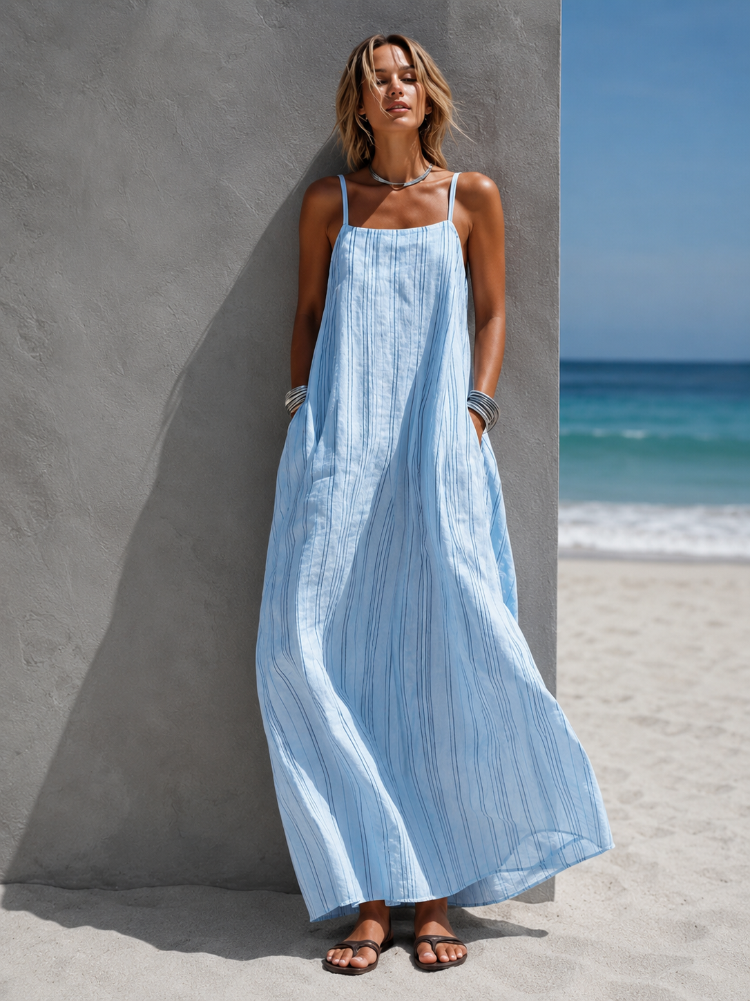 Vestido maxi rayas azul y marrón | Estiliza la figura