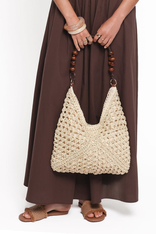 Bolso tote crochet beige con asa superior | Gran capacidad