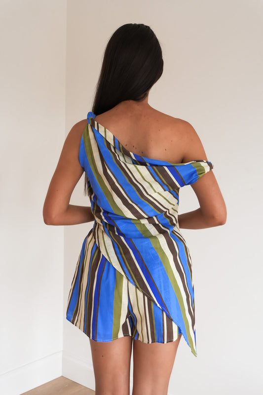 Conjunto short rayas azul caqui escote V | Muy versátil