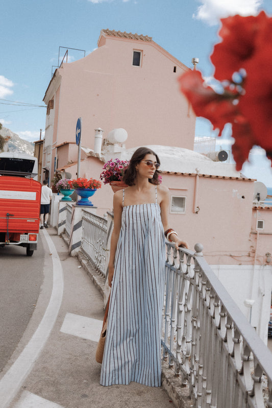 Vestido maxi rayas azul y marrón | Estiliza la figura