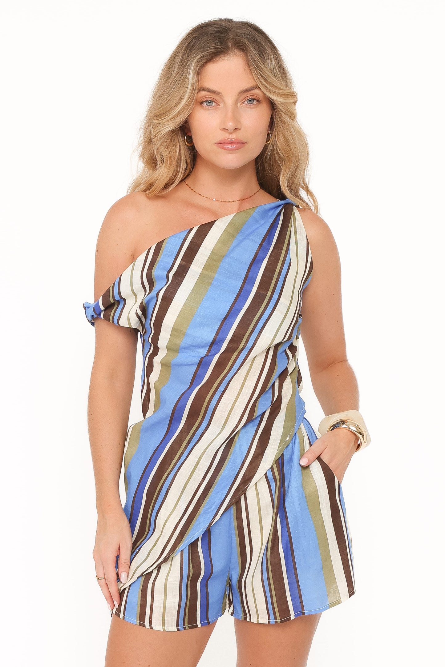 Conjunto short rayas azul caqui escote V | Muy versátil