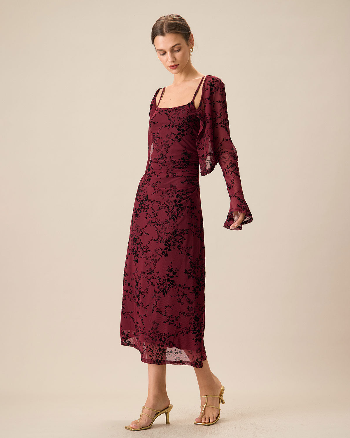 Vestido midi lencero floral rojo | Silueta estilizadora