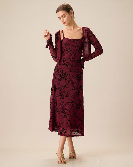 Vestido midi lencero floral rojo | Silueta estilizadora