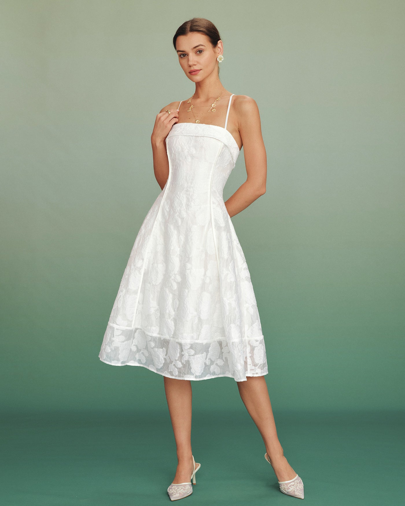 Vestido midi jacquard escote cuadrado | Textura única