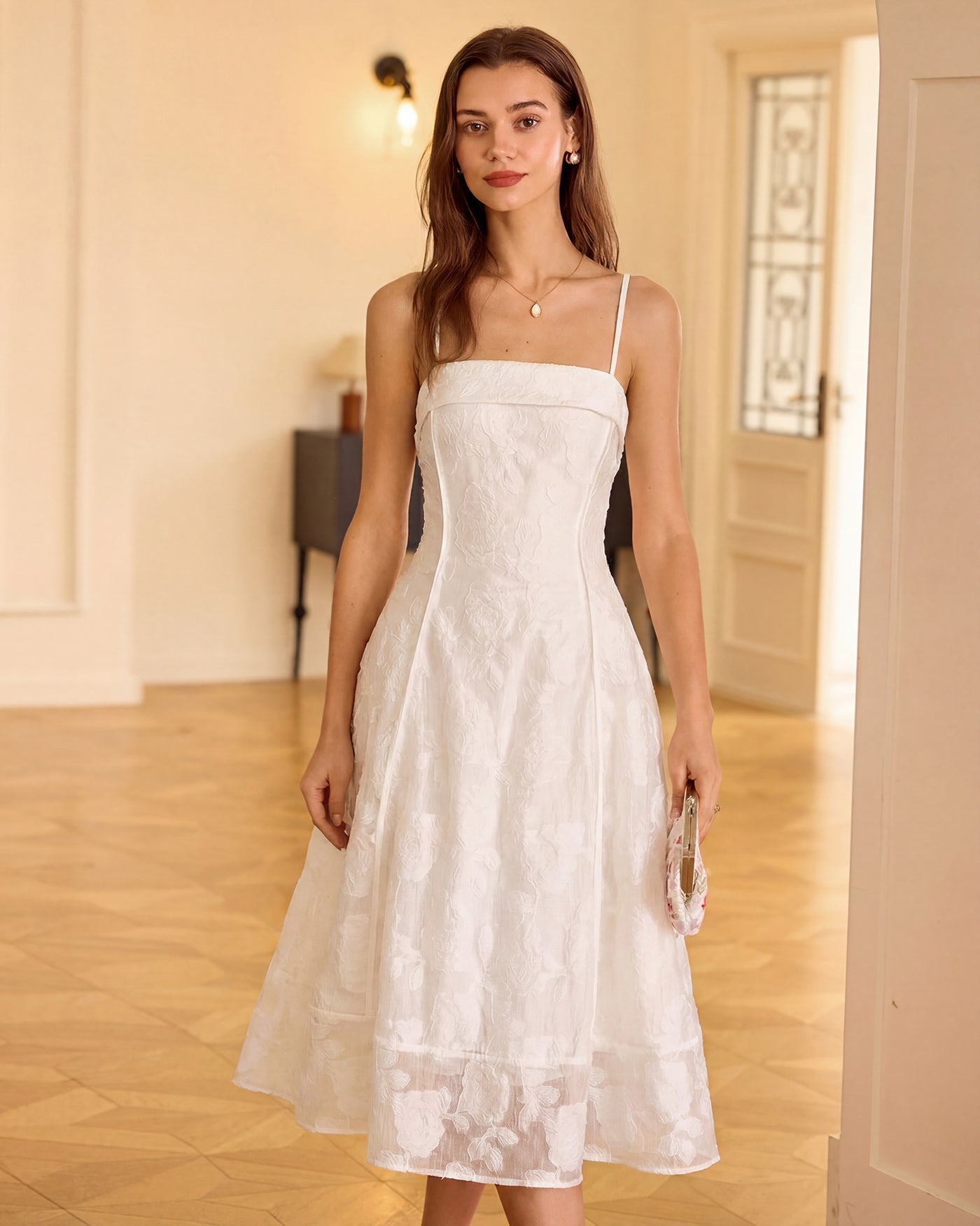 Vestido midi jacquard escote cuadrado | Textura única